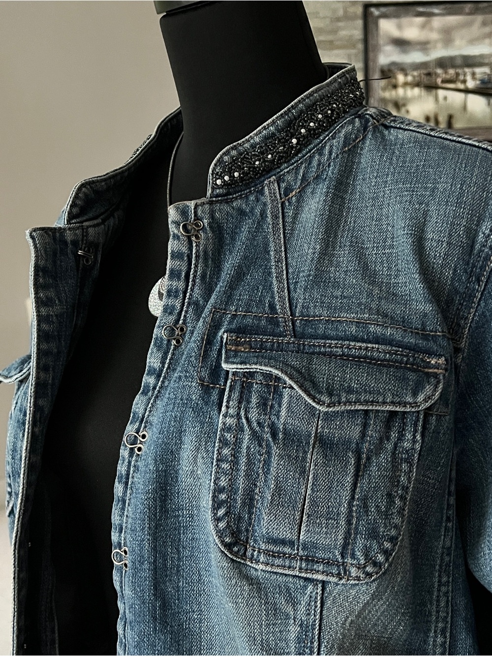 Washed Blue Denim Jacket with Bead-Trim Stand Collar - Picture 3 of 15